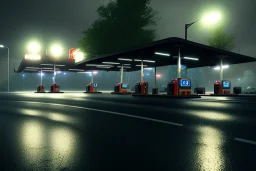  side of the road,gas station,night lighting,rainy, realistic, unity engine, cinematic lighting, octane render.