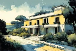 create in inkwash and watercolor a peaceful Spanish villa with expansive gardens set in the tranquil landscape of ancient Andalusia in the comic book art style of Mike Mignola, Bill Sienkiewicz and Jean Giraud Moebius, , highly detailed,, grainy, gritty textures, , dramatic natural lighting