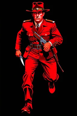 poster of a soldier(uniform and face based on racist steriotypes of mexican soldiers) running towards viewer, a knife i one hand, and a gun(barrel pointing at viewer) in the other. retro poster monochrome with white background