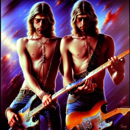 art by frank frazetta, kurt cobain plays a guitar for a crocodile, courtney love breasts