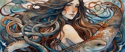 Painting of a Goddess with very long, dark, wavy hair tangled all over the place. She has white eyes, burnt sienna skin tone, and she is holding a beluga whale against her body to cover it.