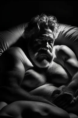 half figure shot photography, Sardinian shepherd man in dirty white boxer , relaxing on a sofa in darkness, 65 years old, bearded sweat chubby shirtless, manly chest, big belly, bulge, hands over the head, photorealistic, in the dark, midnight, dim side light, 35mm lens, dim lights, ambient occlusion