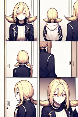 blonde girl with two tails in her hair and a jacket runs in a corridor, back view, line arts, manga style