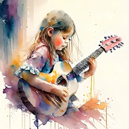 Watercolor color painings of 10 year oldgirl playing guitar