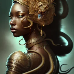 sango fantasy, fantasy magic, intricate, sharp focus, illustration, highly detailed, digital painting, concept art, matte, masterpiece snake head sexy lady body black African beauty tiger wearing African hair total head showing brest