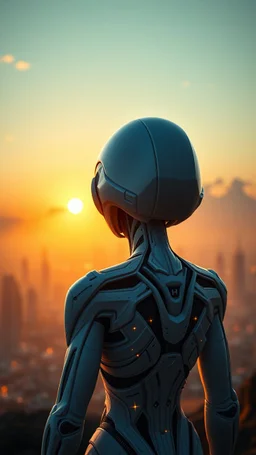 Photoreal Gorgeous godlike white alien cyborg rear view looking over a futuristic city on the horizon in mystical haze at golden hour , otherworldly creature, in the style of fantasy movies, photorealistic, bokeh masterpiece smooth shading, ultra detailed, high resolution, cinematic, unreal 6, subtle shadows, octane render, 8k, cinema 4d, HDR, dust effect, vivid colors