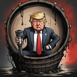 [caricature style] sad Donald Trump inside a barrel of crude oil, covered by dark slime, one hand on the side of the barrel, a bloody writing says "the Persian quagmire", he holds a lighter in his right hand