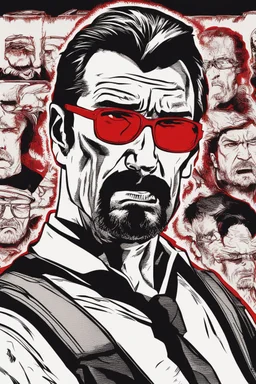 a tough looking, angry man who looks like Hans Gruber wearing solid red glasses