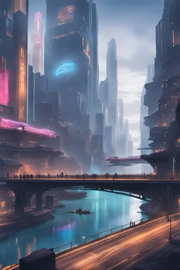 a large river in a modern city world, large buildings, cyberpunk style