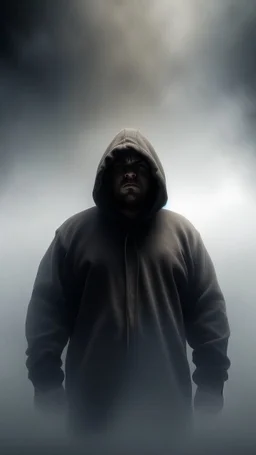 Heavy fog, huge angry hooded man in the sky