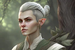 A Fantasy wood elf, a white masculine elf with black short hair tied up in a bun. Full body, HD