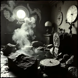 photo, 1920 horror movieshot, rocks, very odd objects in background, Ades, Charon, tenebroso, macabro, marcio, interno museo, fiotti di liquido nero che zampillano, hypermaximalist, strangeness, sundial light, odd, intricate, Lawrence Alma-Tadema style, albero, hypnotic, eerily mysterious, artistic photo, shot on Hasselblad, sadness, follia, smoke, daguerrotype