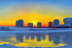 Sunset, winter, Futuristic buildings in the ice, impressionism painting