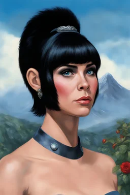 Planet of the Apes - black hair, Deep Blue Eyes - head and shoulders portrait - Lenna, part chimpanzee, part human, short, bowl-cut, straight black hair, the bangs cut straight across the forehead, she resembles a zira from the planet of the apes, and she resembles Leonard Nimoy - Mountains, blue skies, clouds, red roses, blue roses, yellow roses, honeysuckle roses, carnations, lilacs, professional quality, 32k, UHD, glossy, 1080p, Extremely high resolution Digital photograph, reality