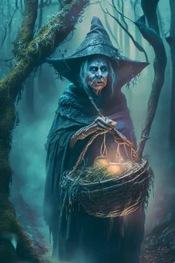 portrait of witch with shiny basket, prehistoric forest, trending art, 8k, depth of field, volumetric fog, hi detail, spray paint