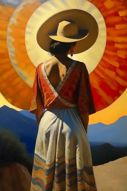 2 mexican woman painting neoclassism standing from the back whole body zoom out looking at the sun