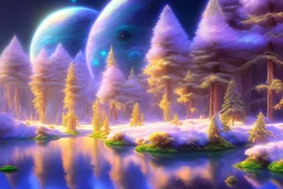 blue and gold crystal cosmic and galactic ambiance sky trees river lake, full of details, smooth, bright sunshine，soft light atmosphere, light effect，vaporwave colorful, concept art, smooth, extremely sharp detail, finely tuned detail, ultra high definition, 8 k, unreal engine 5, ultra sharp focus