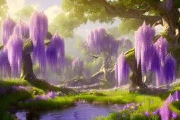 wisteria and big pink FLOWERS, RIVER deep FOREST, elven village, big oak trees, trending on artstation, unity engine, HQ