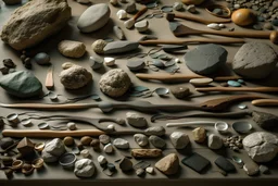 A top down flat lay of quarry tools spread out neatly on a table, captured in a photo that screams simplicity. Include an assortment of rocks, and stones. Include golf tools.