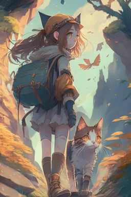 a girl and Cat on an Adventure, 4k, full detail, high resolution, digital art, anime, b