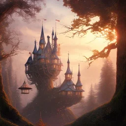 valley, fairytale treehouse village covered,, matte painting, highly detailed, dynamic lighting, cinematic, realism, realistic, photo real, sunset,detailed, high contrast, denoised, centered, michael whelan