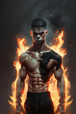 Boy with muscle and black clothes and power fire