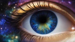 the iris of the eye as the gateway to the universe, happy and smilling, the pupil containing the stars
