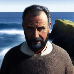 award winning portrait digital painting of an older male medieval grizzled sailor in a knitted sweater with wrinkles on face, ocean, waves, mountain cliffside with breaking waves, stormy, sinister, evil, (backlighting:1.3), concept art, smooth, sharp focus, rule of thirds, dark fantasy,intricate details, medium shot