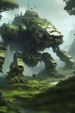 a forgotten and abandoned epic overgrown world ruled by mechs