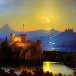 Drawing of 'Medieval Romanian Castle',mountain,lake,full moon, by gaston bussiere, greg rutkowski, yoji shinkawa, yoshitaka amano, tsutomu nihei, donato giancola, tim hildebrandt, oil on canvas, cinematic composition, extreme detail,fit full head inside picture,16k