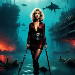 Jane fonda, a fishing rod in hand, stands in murky waters of a post-apocalyptic underwater city. surreal scene , dreamlike, metropolis submerged in chaos , blood and danger. in the sunsets she stands with a fierce sense of power, surrounded by circling sharks. The sharks' teeth moving in the light, add to the tension. weirder the better. Bigger monsters. Stronger hero