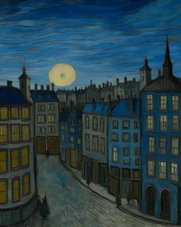 A grayish blue city in twilight painted by Vincent van Gogh