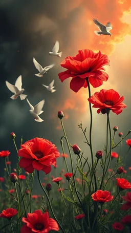 Nuclear blast of red flowers and wight doves