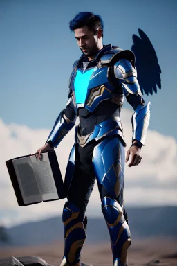 a human male with blue short hair and blue wings in an assymetrical armor with geometric patterns and a book in hand