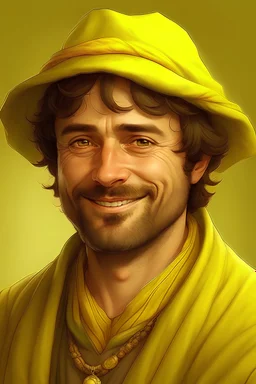 A man in his early fourties, innocent round face, short brown beard, brown eyes, tricone hat, curly brown hair in a ponytail, warm smile, brown skin, in a yellow robe, realistic epic fantasy style