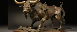 A bronze fire elemental bull designed in Japanese Oni masks painted by John Singer Sargent