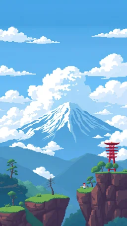 A parallax pixel art background for a vertical 2D platformer game with clouds and mount fuji in the background, light colors, clouds on a different layer