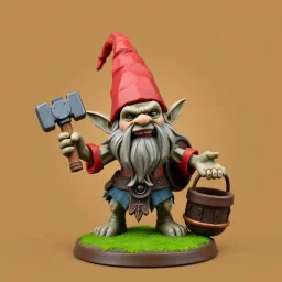 low poly, ai as gnome troll miniature model half painted arms outstretched holding battle hammer offering gift, bucket shield background