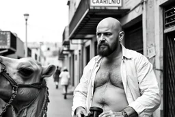 man looking like "Walter White" in breaking bad tv show, bald and goatee, with bare chest riding on a camel in a alley Casablanca town, panorama, black and white photo
