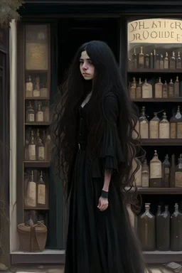 tall thin girl in black clothes, long dark wavy hair, outside an apothecary shop