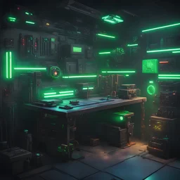 cyberpunk gun crafting station, green lights