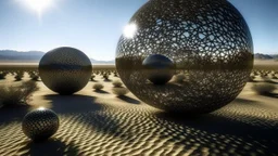 In a desert landscape, giant floating spheres made of thousands of flying insects spin slowly in the air, casting intricate shadows.