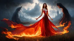 A beautiful woman stands in the center of a dreamlike, surreal landscape. She wears a flowing, revealing red dress that clings like liquid fire to her form, catching the light as though woven from silk and flame. Half of her body is bathed in a warm, golden glow, while the other half is cloaked in deep, living shadows that move and curl around her like sentient smoke. Her expression is unreadable—serene, yet tinged with danger—as if she exists between temptation and mystery. Behind her, the sky