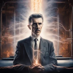 Movie poster double exposure image of portrait of pensive Nikola Tesla framed by industrial sized tesla coils crackling with electricity, dramatic, cinematic, movie poster composition by Drew Struzan and Geof Kern, hyperrealistic, vintage photography