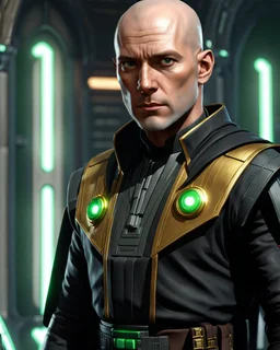 star wars bald male corellian jedi pilot wearing black and gunmetal grey old republic armored robes with gold trim inside the jedi temple holding a lightsaber with viridian green blade in left hand, centered head and shoulders portrait, hyperdetailed, dynamic lighting, hyperdetailed background, 8k resolution, volumetric lighting, light skin, fully symmetric details