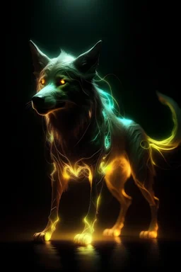 Super cool glowing a spiritual elemental canine with mencaing glowing eyes In a dark room