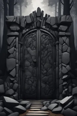 A huge wall made of granite black stones with a huge gate and giant open wooden doors in the forest dark material, surrealist, elementals, intricate background, masterpiece, octane rendered, art station, thin line draw style