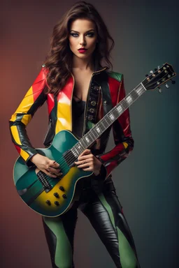 Photography realistic HD front view excellent realistic portrait super model very beautiful wearing colors abstract jacket latex body suit,as an gutarist rocker musician