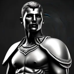 Muscular man sculpture, background = BLACK with a bit of mist, roman warrior, armor, helmet