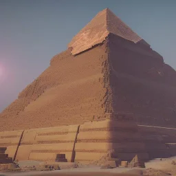 great pyramids in ruin, king and queen watching from sky